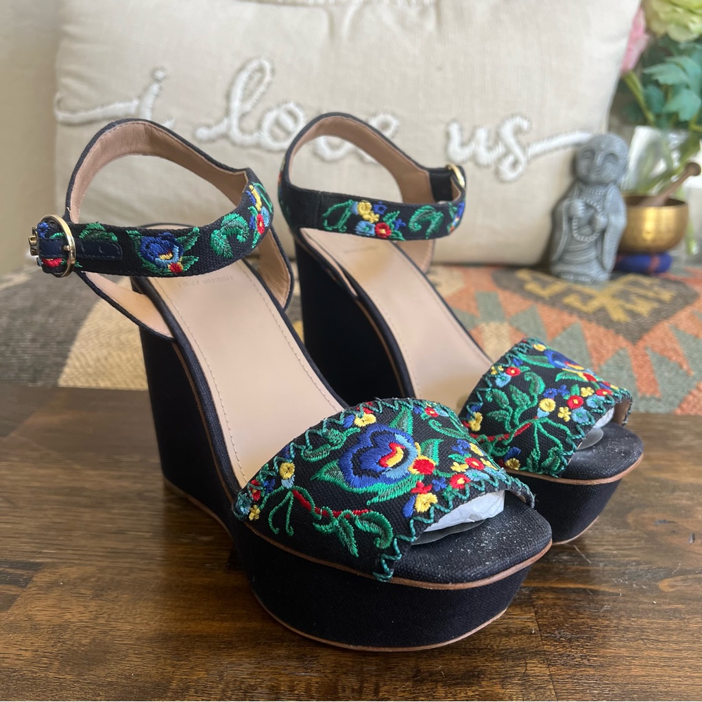 Tory Burch Sonoma Floral Embroidered Platform Wedge Sandals Us7